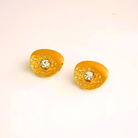 Vintage Textured Clip-On Earrings Statement Gold Tone Pronged Center Clear Stone - Picture 3 of 7